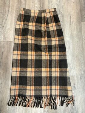 Vintage Wool Brown Plaid Maxi Skirt with Fringe and High Slit